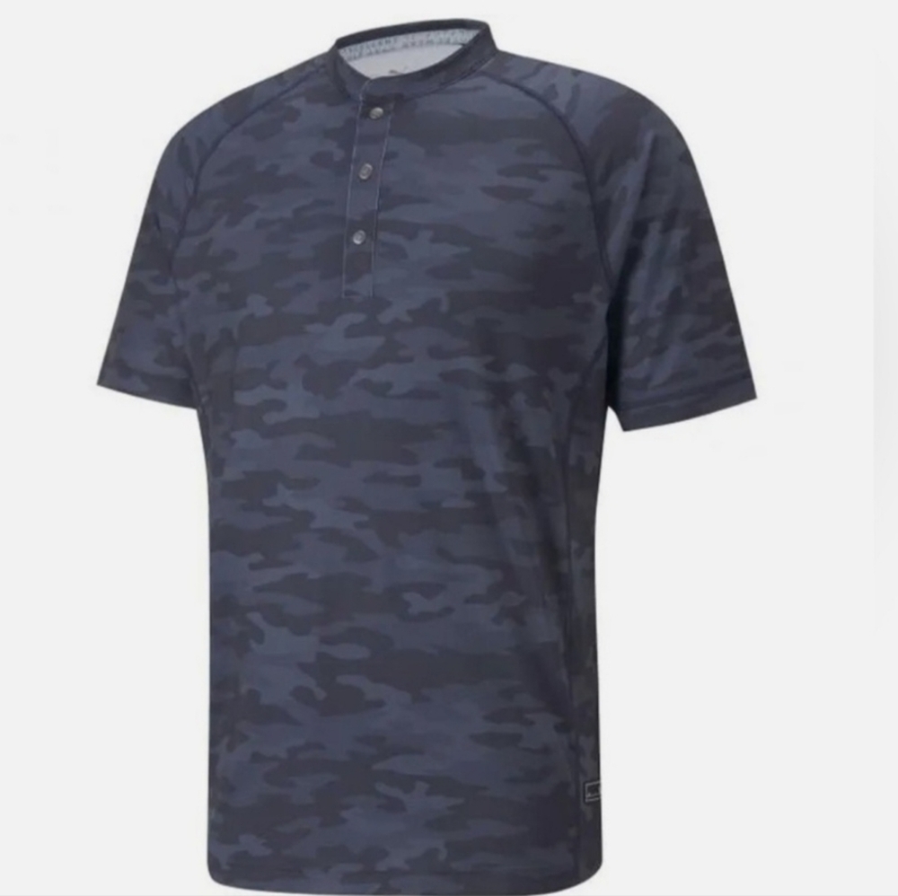 Puma Men's Navy Camo Mat Henley Cloudsoun Quarter Button Shirt Large